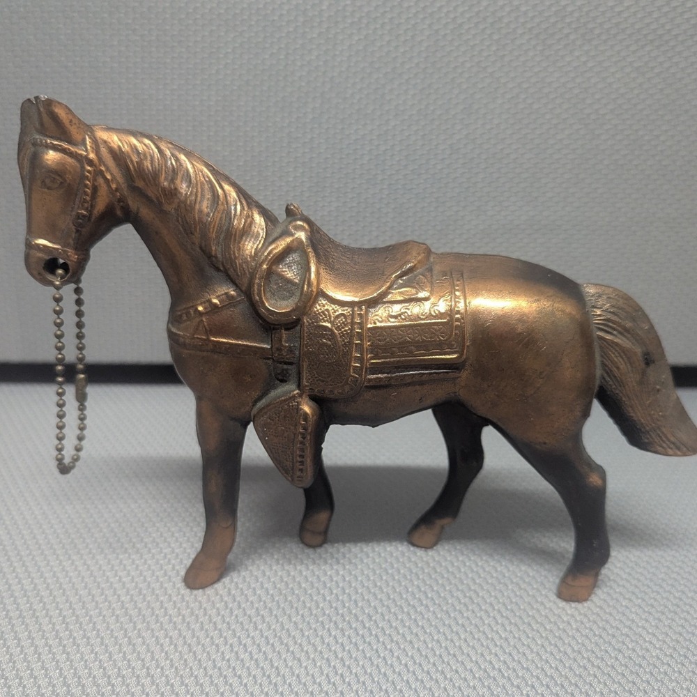 VTG Copper Tone Metal Horse Figurine Western Saddle Ball Chain Rein Statue USA